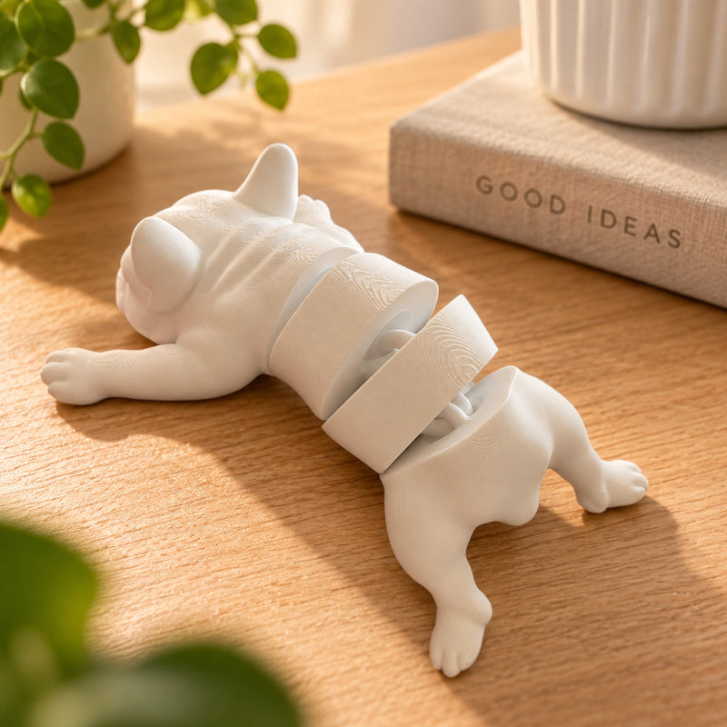 Cachorro articulado branco deitado sobre uma mesa de madeira
