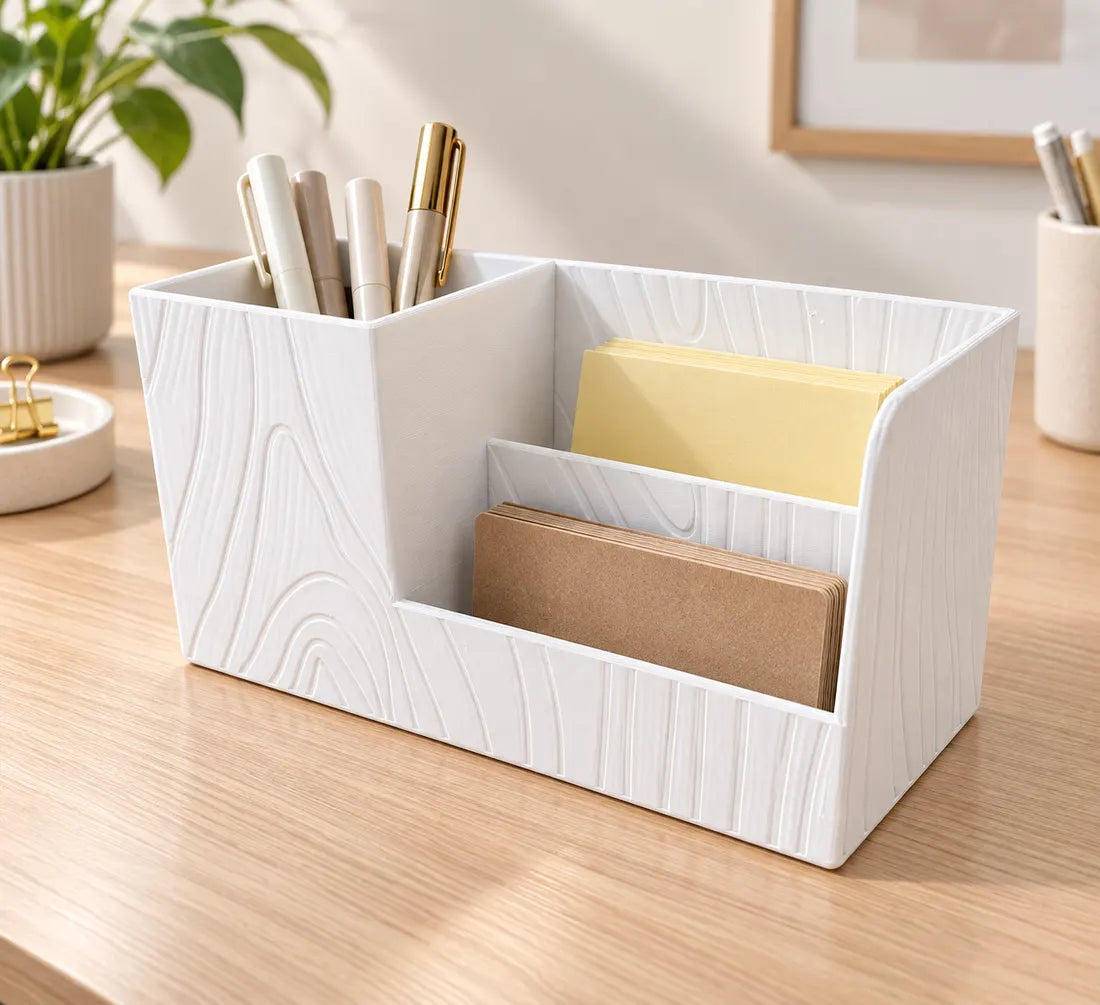 Organizador de mesa branco com textura topográfica, com canetas e blocos de anotação