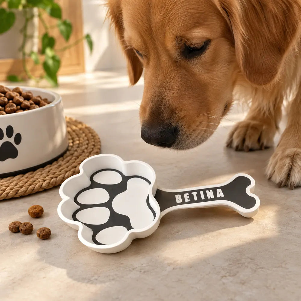 Golden retriever cheirando a pá de ração com o nome Betina
